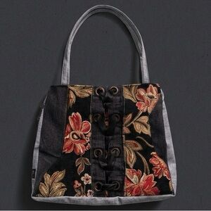 Tapestry Floral Shoulder Bag Corset Lace Up- Black and Tan